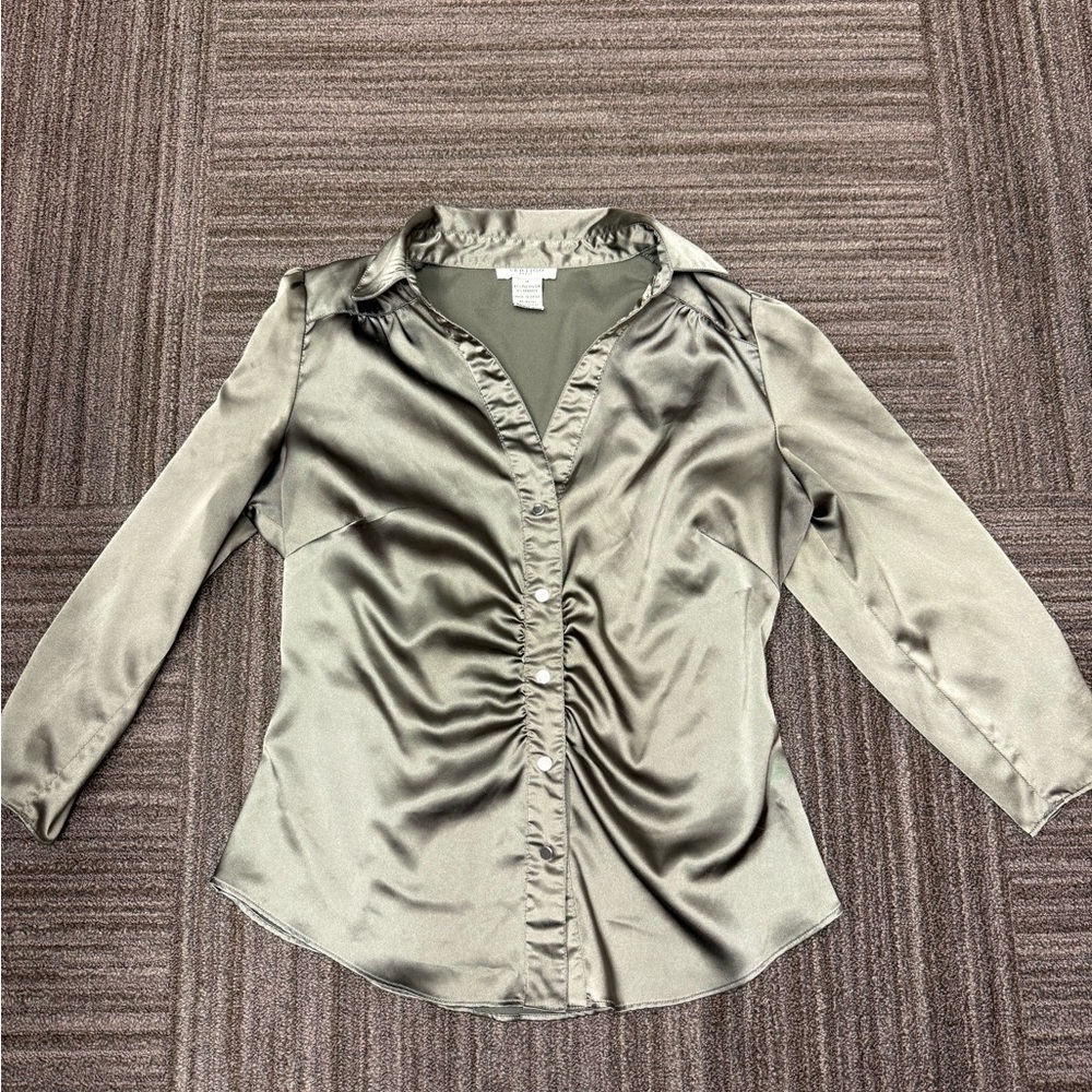 Vertigo Paris Vintage Fitted Button Down Olive Green Satin Silver Buttons